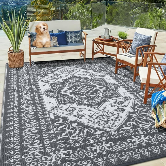 ZACOO Outdoor Rug Carpet Waterproof 5x8 Feet Reversible Patio Rug Outdoor Camping Rug for Backyard Deck Balcony Porch Beach, Grey/White