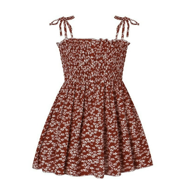 Robes Petite Fille Bretelles Spaghetti Robe Évasée à Volants Robe de Soleil Robe de Fantaisie Robe Florale Smockée pour Fête d'Anniversaire Filles