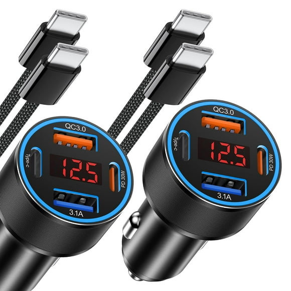 Cargador de coche Avatcen, 65 W, 4 puertos, USB C, doble cable de carga rápida