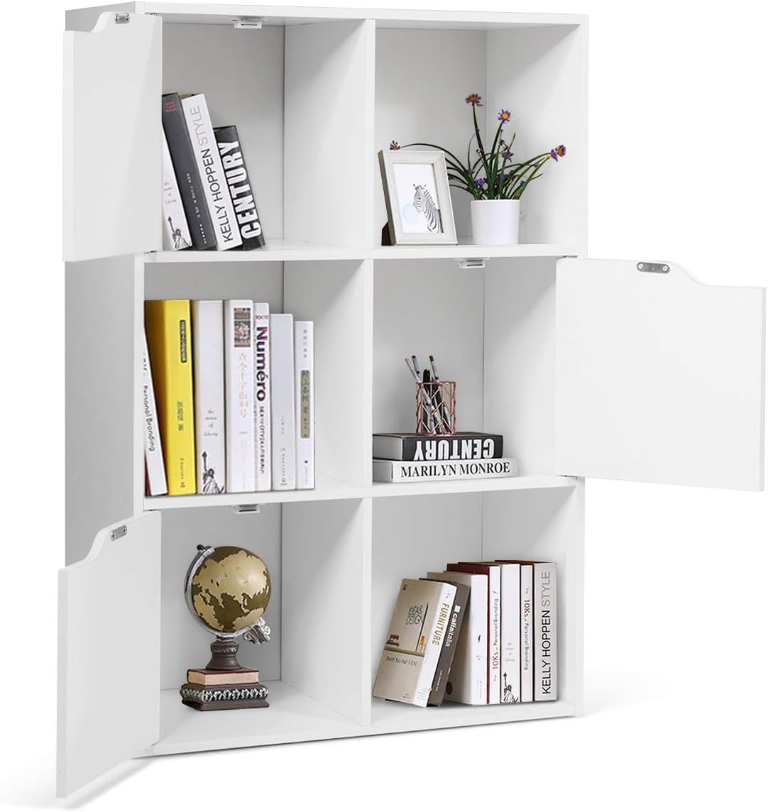 Favory 6-Cube Storage Organizer, Storage Cabinet with 4 Open Cubes and 5 Cabinets, Freestanding Wooden Cubby Bookcase, Compartment Units for Home Office, 3-Tier Bookshelf for Books,White