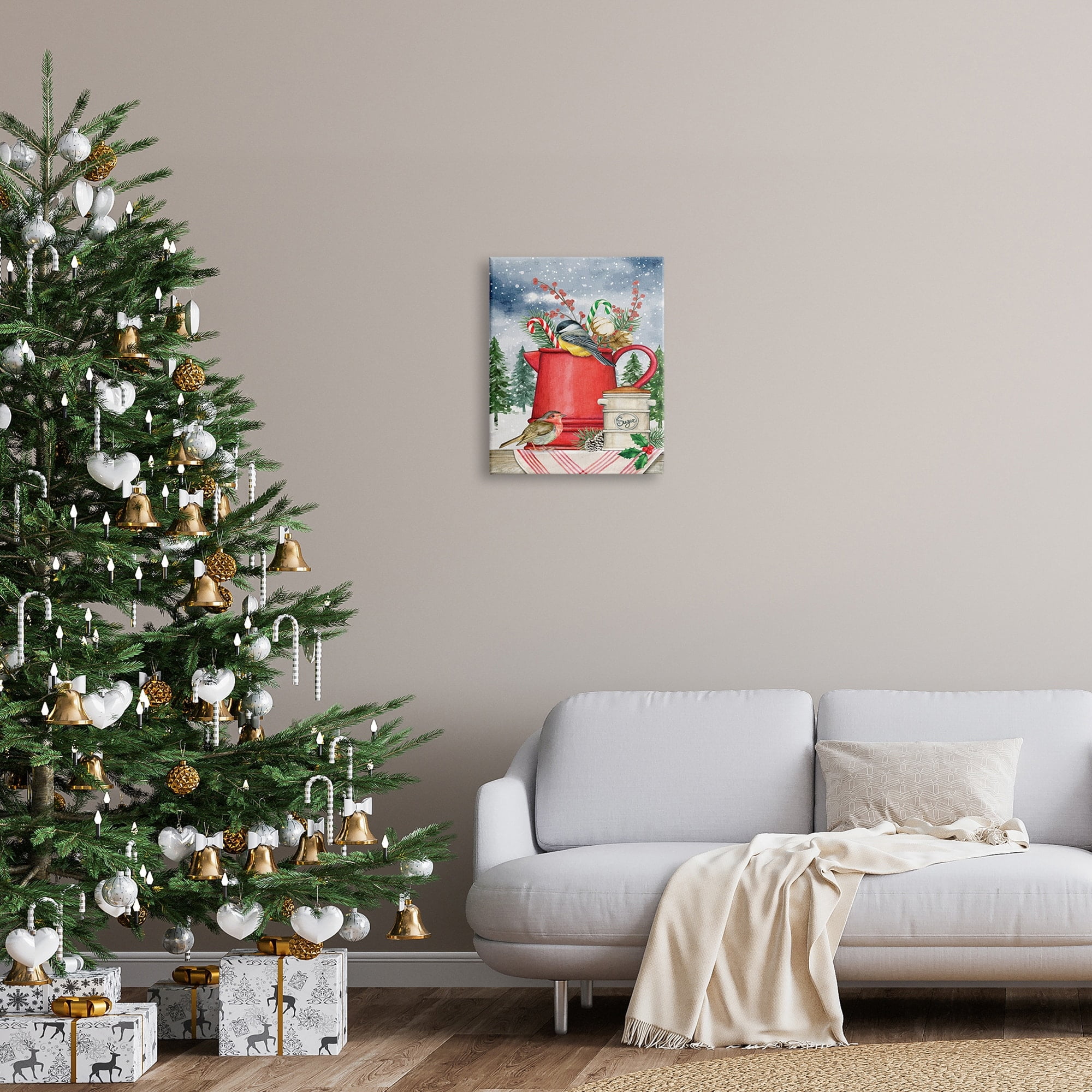 Winter Birds Perched Tea Kettle Holly & Fir Botanicals Botanical & Floral Painting Gallery-Wrapped Canvas Print Wall Art