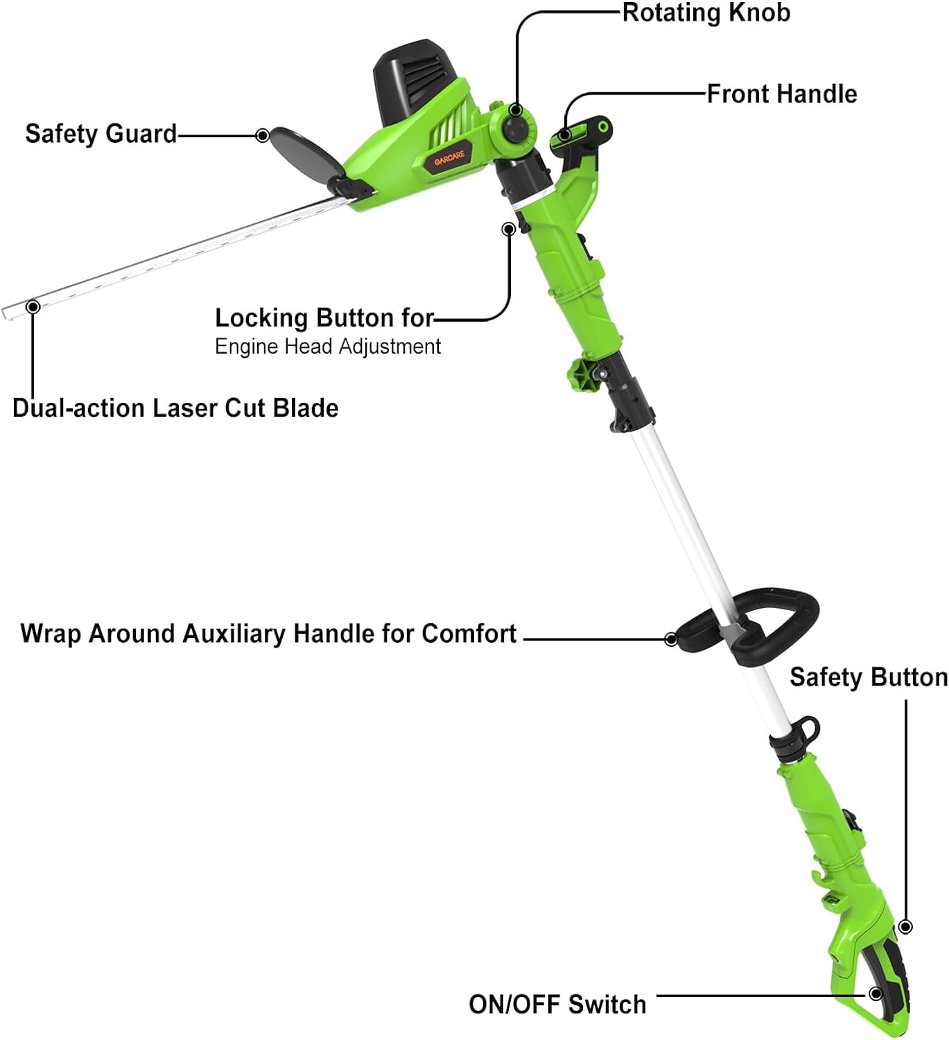 GARCARE 2 in 1 Electric Pole Hedge Trimmer, Corded Trimmer with 18 inch Dual-Action Laser Blade, 4.8Amp, 600W