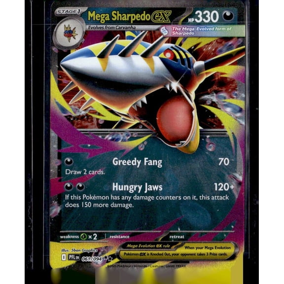 Collectible 2025 Pokemon Trading Card Game Mega Evolution Phantasmal Flames Mega Sharpedo EX Holo Double Rare RR 61/94