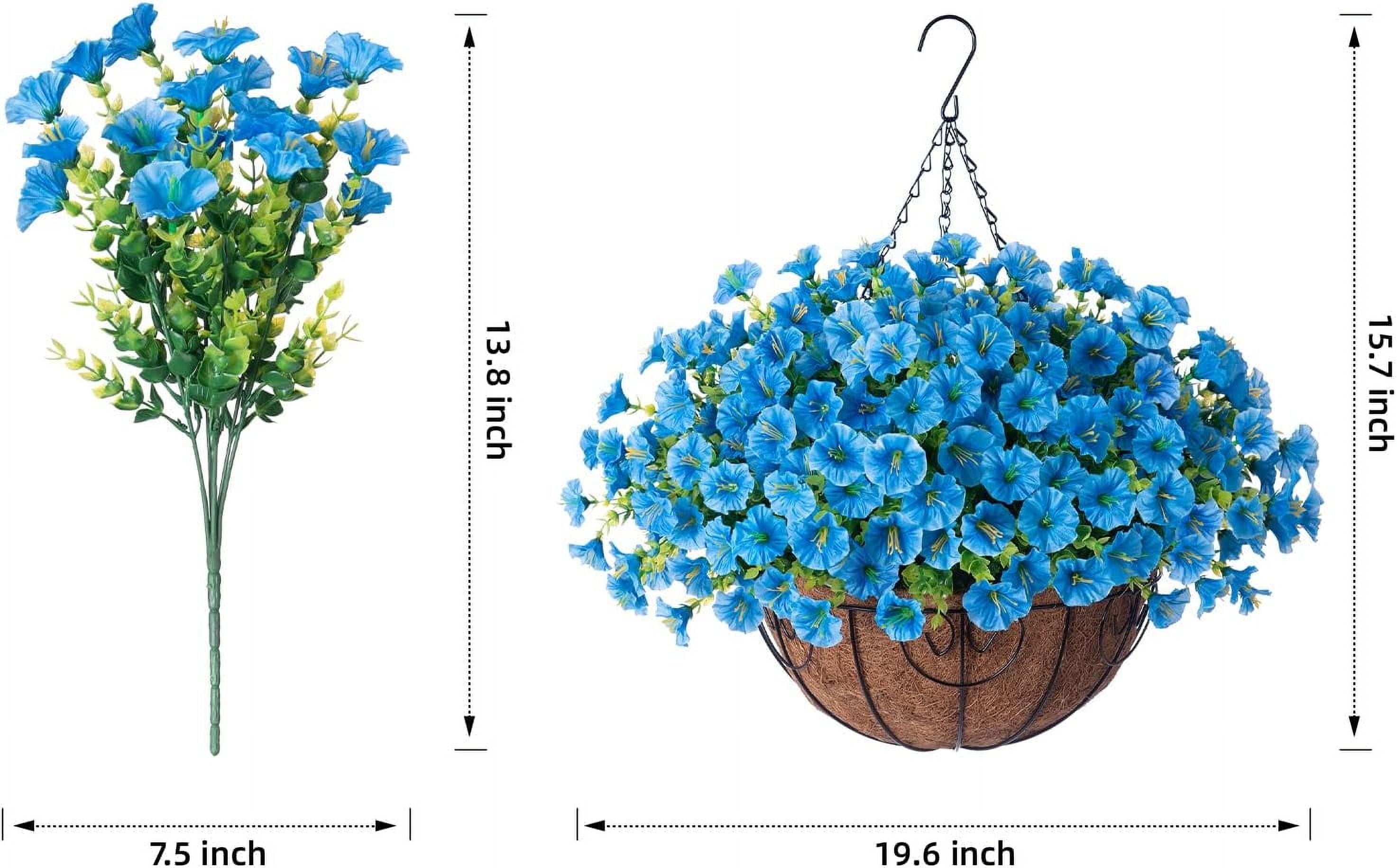 Artificial Fake Hanging Outdoor Plants Flowers with Basket, Faux Silk Blue Morning Glory Eucalyptus Floral Arrangement Look Real UV Resistant for Outside Porch Patio Balcony Home Decor