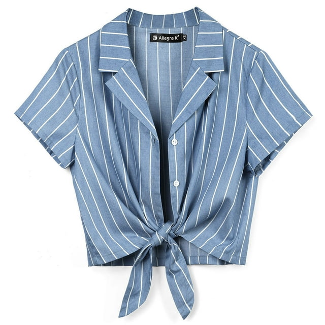 Unique Bargains Chemise Courte à Rayures pour Femme, Boutonnée, Manches Courtes, devant à Nouer
