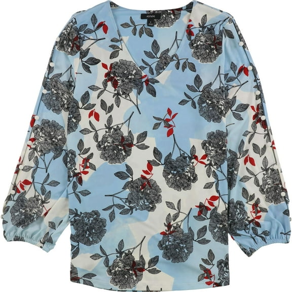 Alfani Womens Button-Sleeve Pullover Blouse, Blue, Medium