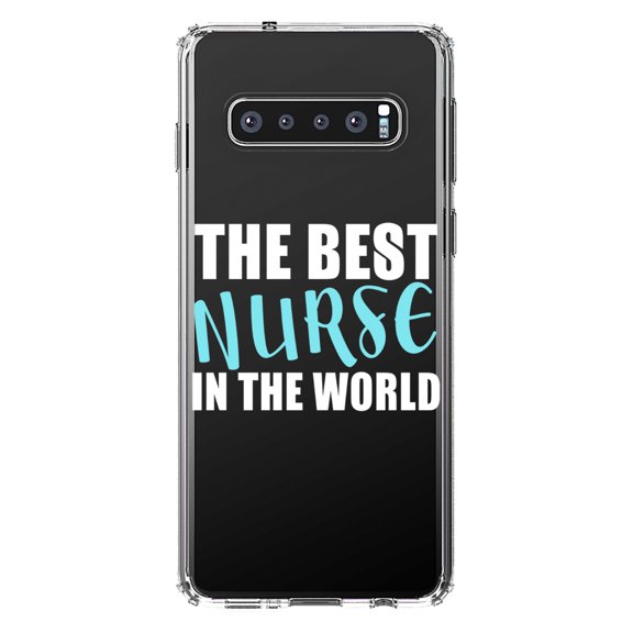 DistinctInk Clear Shockproof Hybrid Case for Samsung Galaxy S10 (6.1" Screen) - TPU Bumper Acrylic Back Tempered Glass Screen Protector - The Best Nurse In The World