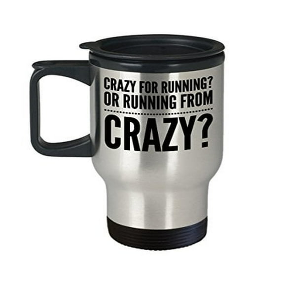 Cross Country Travel Mug - Crazy for Running or Running from Crazy- Countryside Themed Gift - 14 oz Stainless Steel Coffee Cup