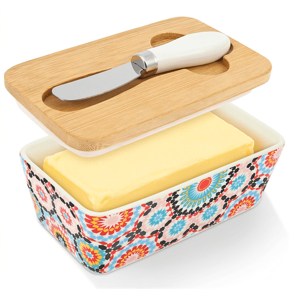 Butter Dish with Lid and Knife, Large Ceramic Butter Keeper Container for Countertop, Boho Butter Holder Fits 2-4 Sticks (1 lb), Multicolor