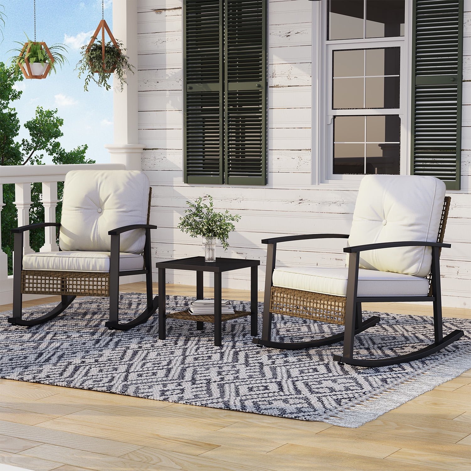 BaPiPro 3-Piece Outdoor Rocking Chair Set, PE Wicker Patio Furniture with Water-Resistant Cushions, Galvanized Steel Frame, 2-Tier Coffee Table, for Porch, Backyard, Poolside, Beige