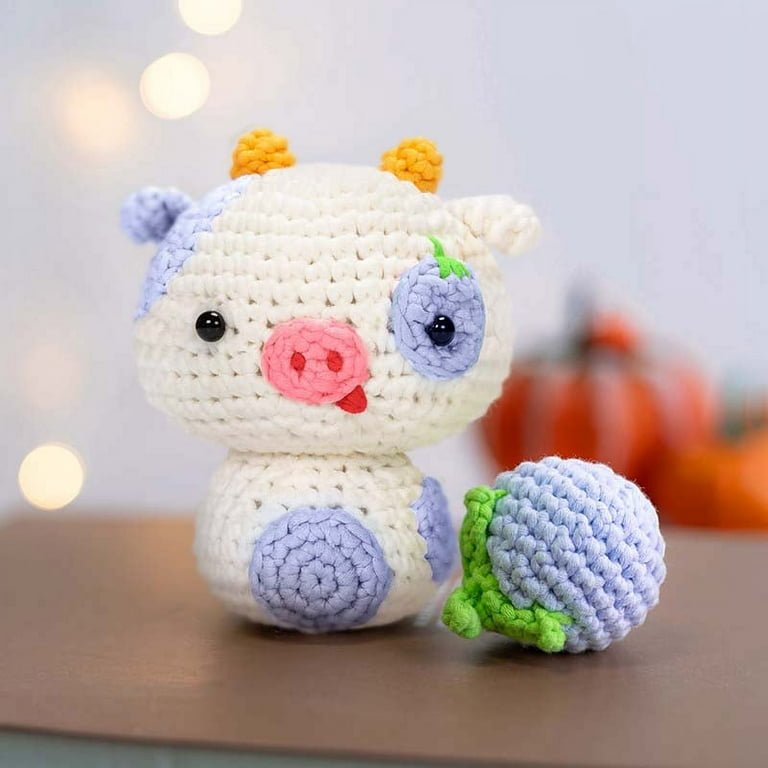 Mewaii Crochet Kit for Beginners, Complete DIY Kit with Pre-Started Yarn,  Step-by-Step Videos (Blueberry Cow)