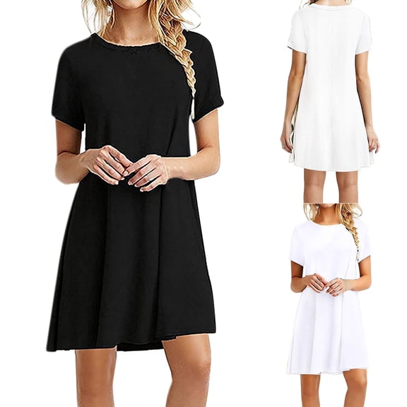 Fengqque Women's Fashion Solid Color Short Sleeve Round Neck Loose Casual Mid Length Dress White 10(XL)
