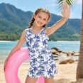 thumbnail image 4 of COEQINE Two Piece Taniki Swimsuit for Girls, Round Neck Top with Shorts Racerback Swimwear with Chest Pad, Modest Bathing Suit for 6-7 Year Olds, Easy Care, Blue White Palm Tree, 4 of 8
