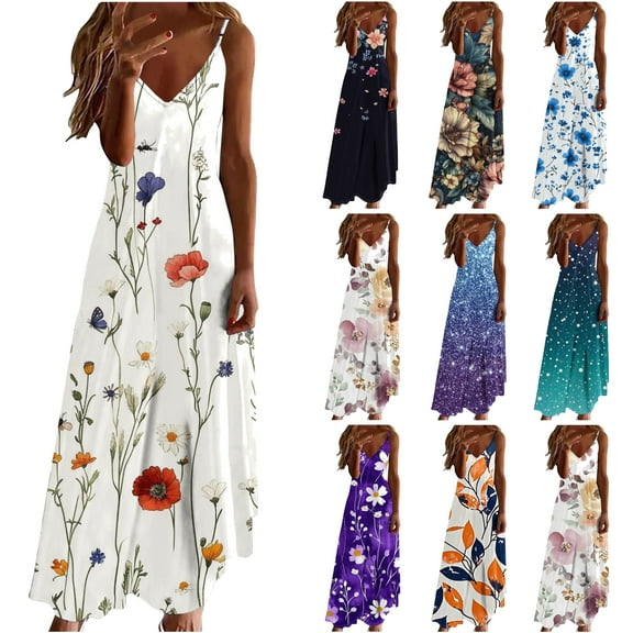 Feancey Women's Summer Maxi Dresses Summer Sleeveless Spaghetti Strap Floral Dress Boho Casual V Neck Loose Beach Dresses Sales Today Multicolor#7 L