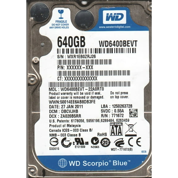 WD6400BEVT-22A0RT0, DCM DBCVJHB, Western Digital 640GB SATA 2.5 Hard Drive