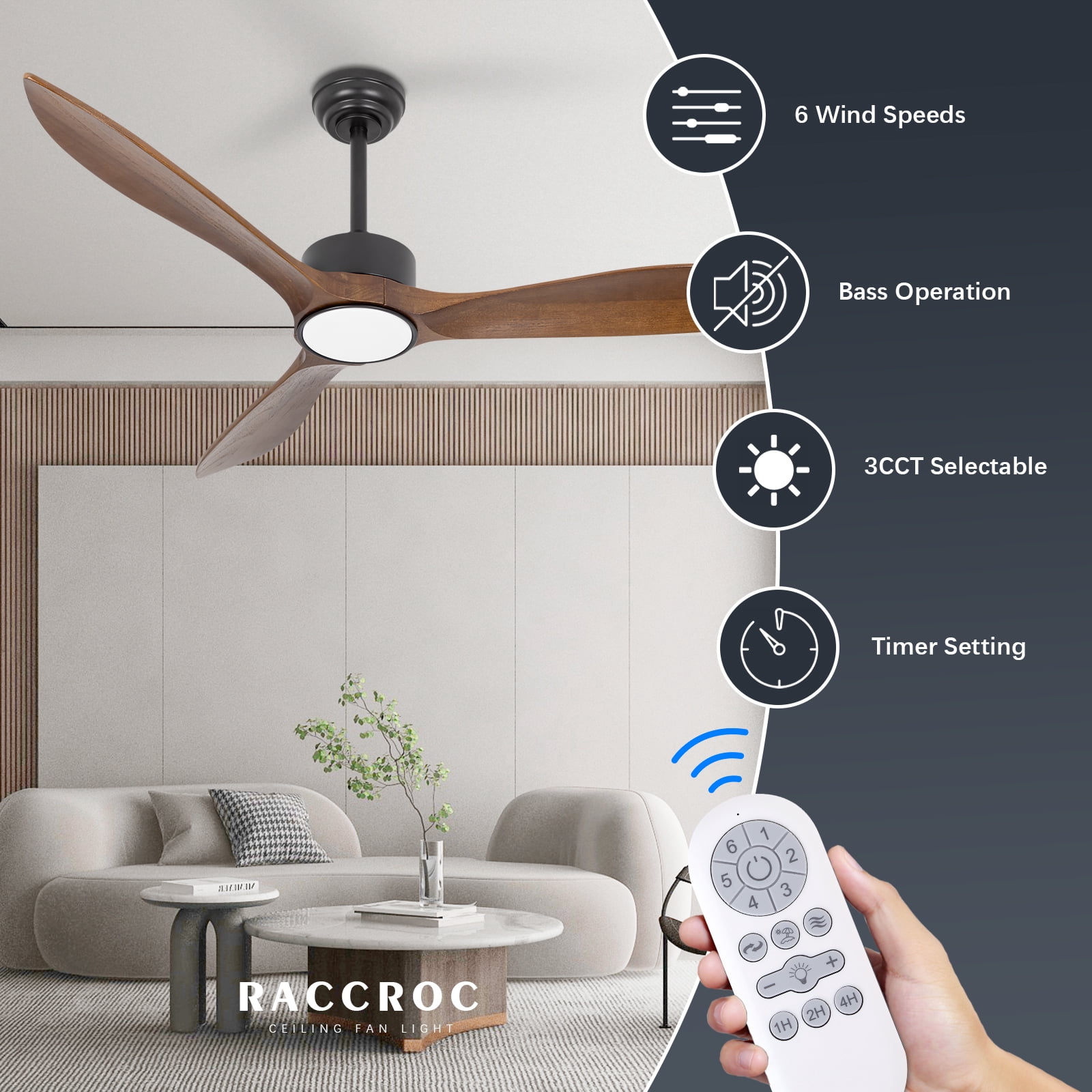 Wozzio 52 inch Dark Brown Ceiling Fan with Light and Remote Indoor/Bedroom/Patios/Living Room