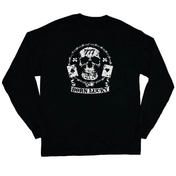 Born Lucky 777 Skull T-shirt Men's Long Sleeve Tee Black