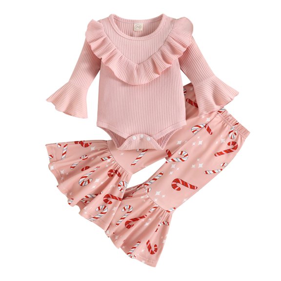 LMTODLFG Baby Girl Clothes Girls Christmas Long Sleeve Romper Bodysuit Xmas Cartoon Prints Bell Bottoms Flare Pants Outfits Newborn Girl Clothes Red 9-12 Months