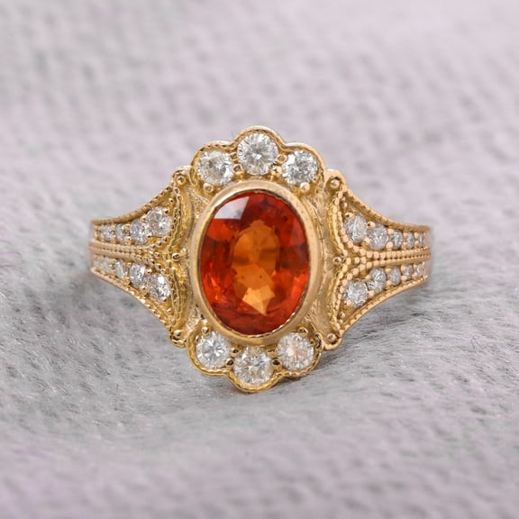Oval Orange SapphireHandmade Ring, 925 Starling Silver Bridal Ring, Engagement Ring, Diamond Halo Milgrain Band Yellow Plated Anniversary Ring
