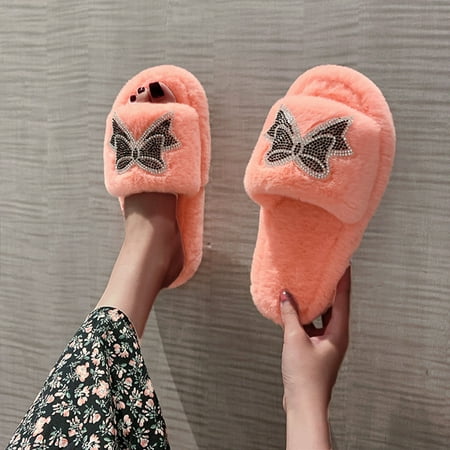 

NEGJ Women s Fashion Bowknot Rhinestone Plush Slippers Thick-soled Cotton Slippers