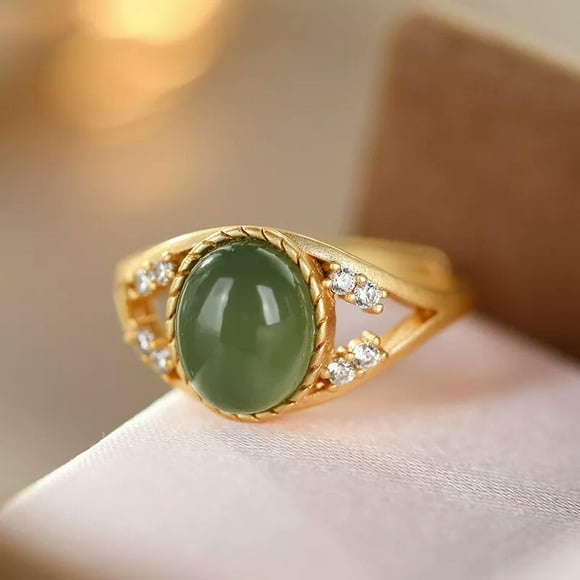 HOOUN Green Jade Rings Stone Natural Vintage Women 925 Silver Adjustable Ring Jewelry