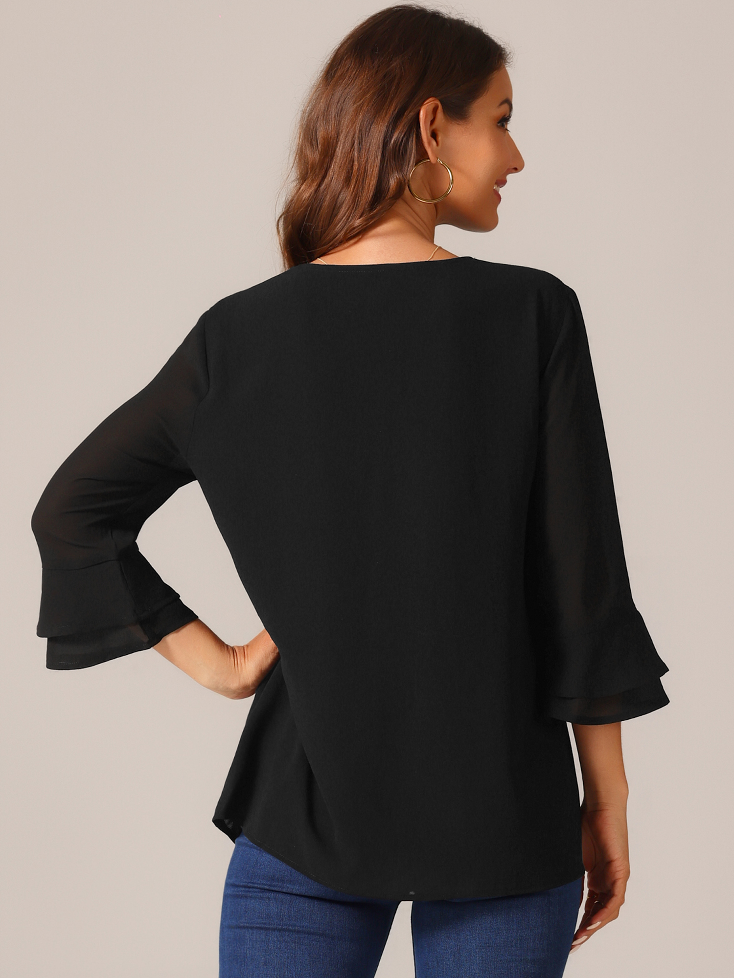 DARING DIVA Women's Chiffon 3/4 Sleeve Tunic Tops Blouse Pintuck Shirts M Black