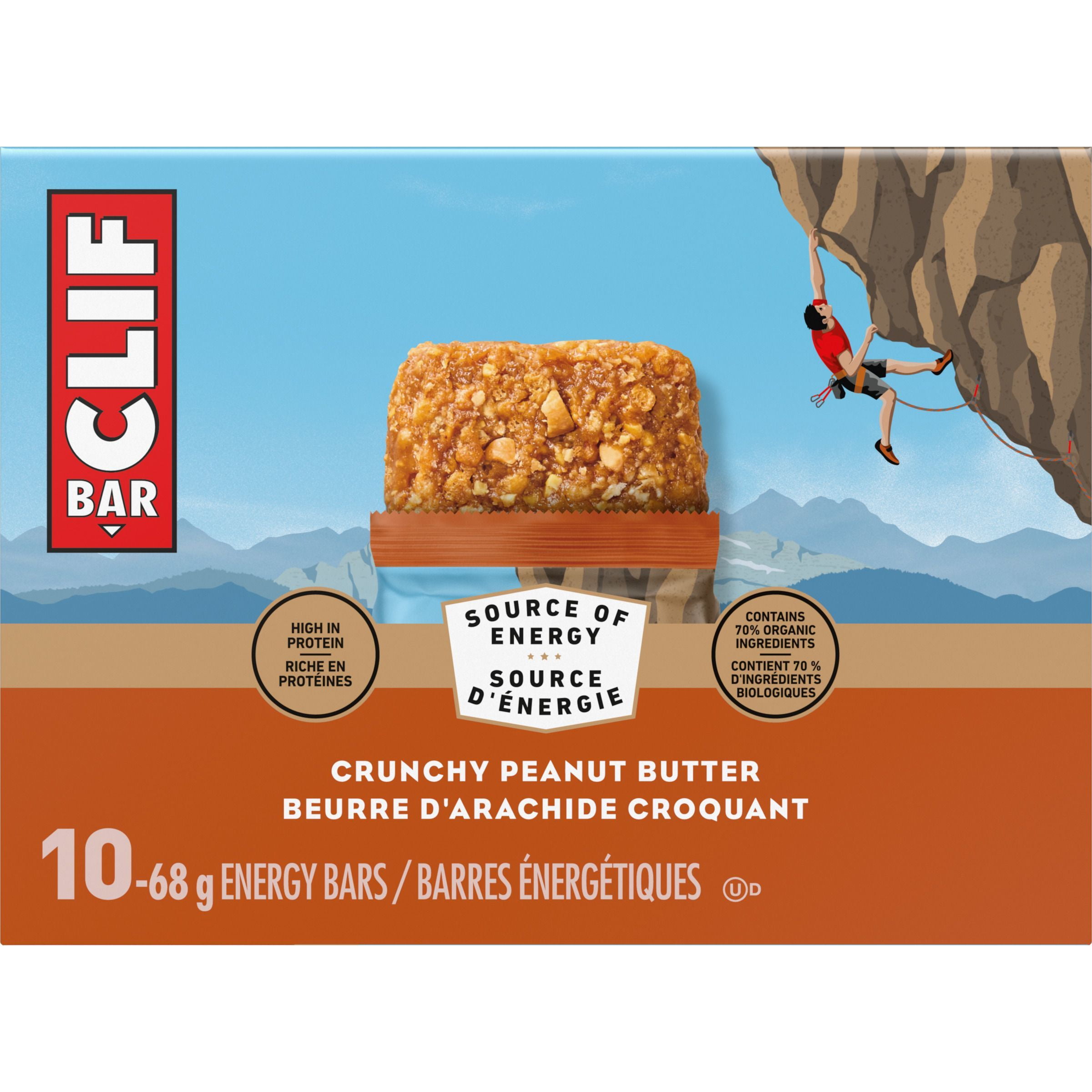 Barres énergétiques CLIF BAR Beurre d’arachide croquant, teneur élevée en protéines, contiennent 70 % d’ingrédients biologiques,  (Emballage de 10) 680 g