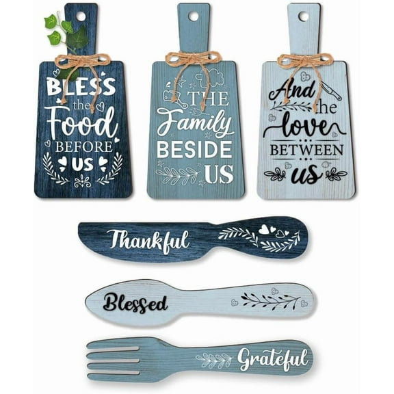 6pcs Kitchen Wall Decor Bless Food Sign Set Wall Table Accessories Wooden Pendant Decorations Mini Plaque Fork Spoon Shape Sign Rustic Style Home Dector Blue