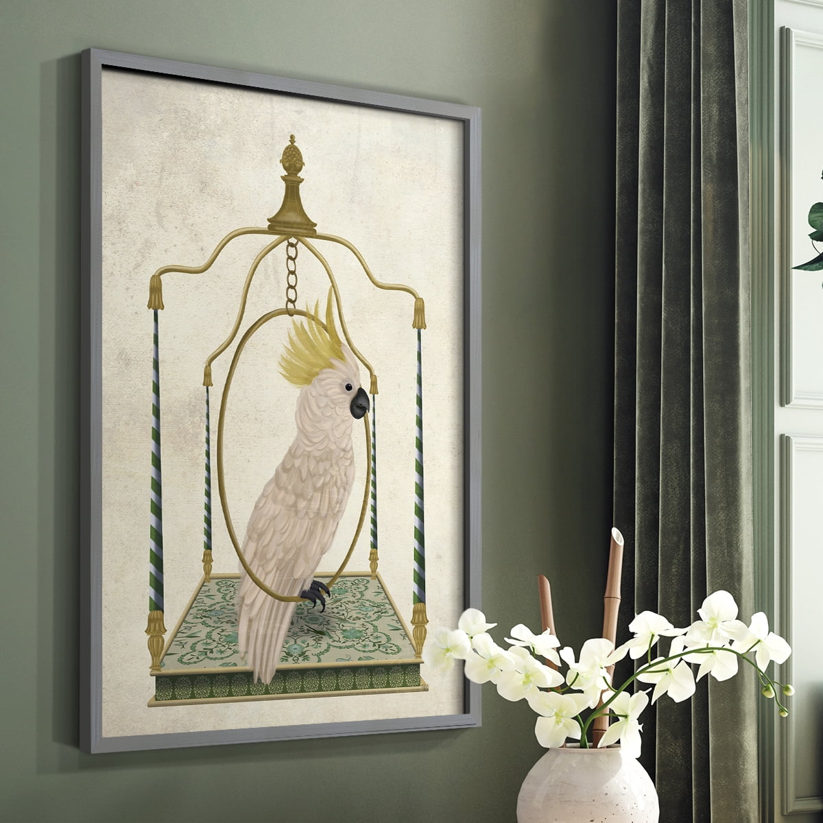 White Cockatoo on Swing Framed Print in Gray Solid Wood 16 x 20 Framed Print