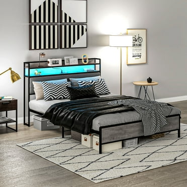 HOMCOM Queen Bed Frame with Storage Headboard, Platform Bed Frame with LED Lights, Charging Station, Noise-Free & Easy Assembly, Cement Gray