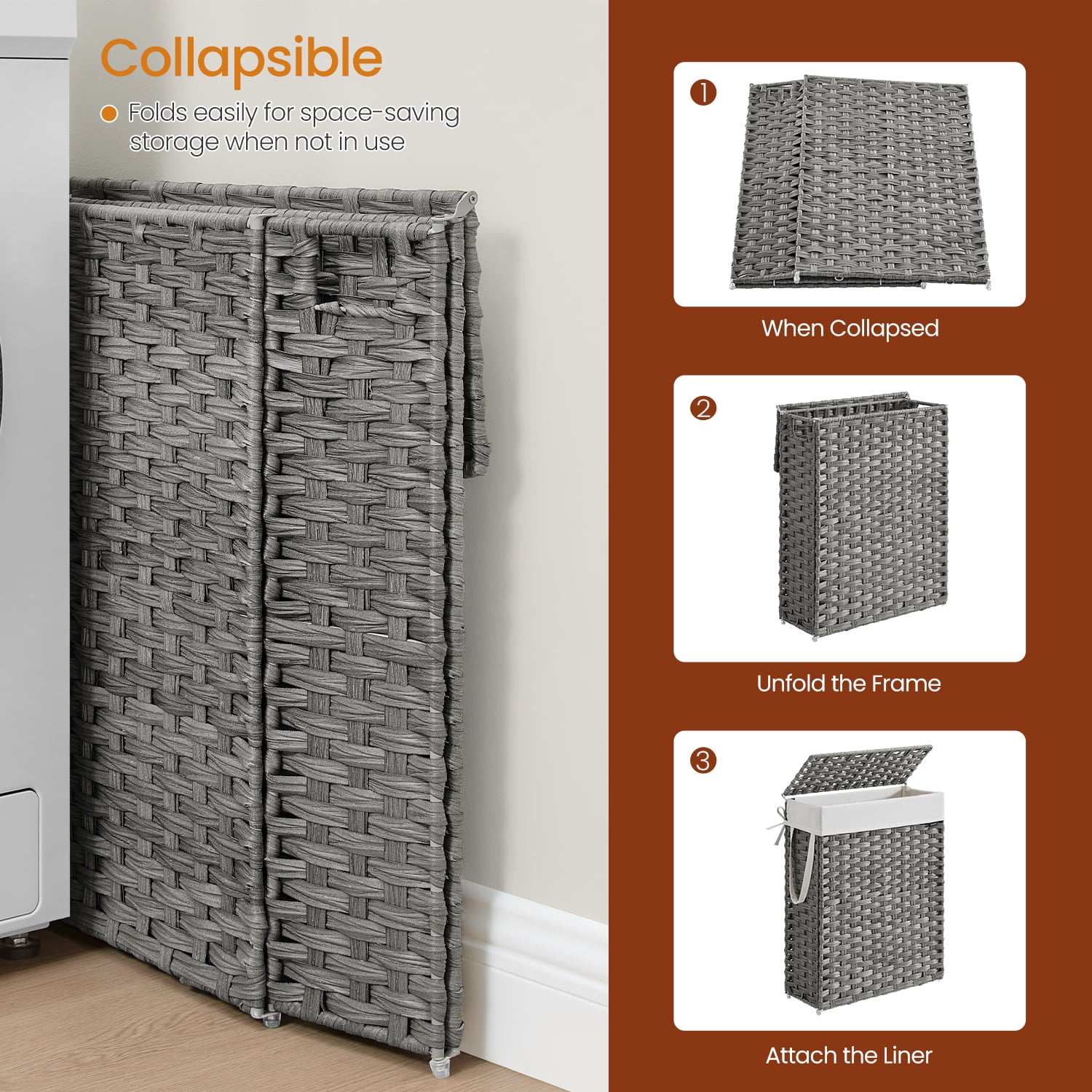 LEDREM 14.5-Gallon Slim Laundry Hamper with Lid, Rattan Clothes Basket with Removable Liner & Handles, Foldable, Space-Saving, Dove Gray