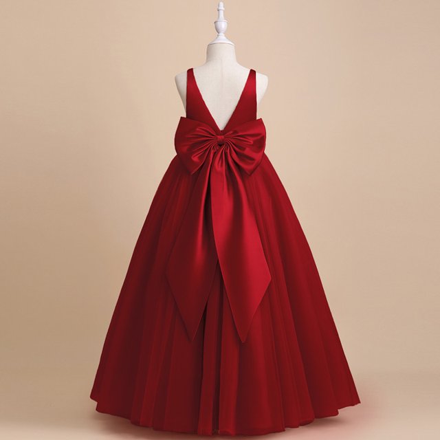 AAMILIFE Robe Élégante pour Filles avec Grand Nœud, Adolescente, Rouge, Première Communion, Cérémonie, Longue Robe, Vêtements, Enfants, Demoiselle d'Honneur, Été, Col en V, Vestidos