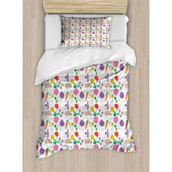 Vegetable Duvet Cover Set Twin Size, Healthy Food Pattern Hand Drawn Doodle Mushroom Potatoes and Carrot Nursery Motif, Decorative 2 Piece Bedding Set with 1 Pillow Sham, Multicolor, by Ambesonne