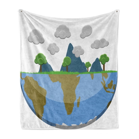Earth Day Soft Flannel Fleece Throw Blanket, Half Earth Illustration with a Mountainous Landscape and Clouds, Cozy Plush for Indoor and Outdoor Use, 60" x 80", Deep Sky Blue Multicolor, by Ambesonne