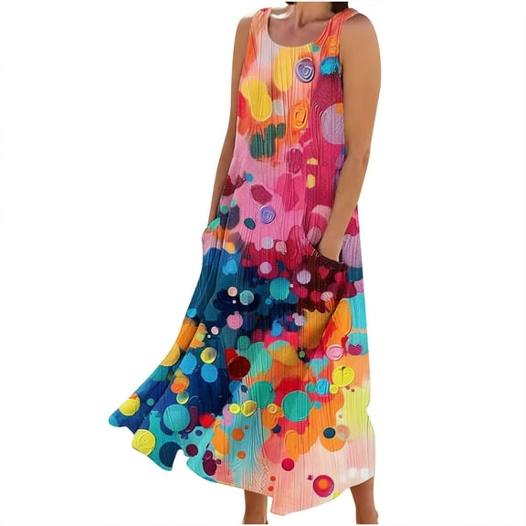 Uaswgudfs Women's Sleeveless Flowy Dress with Polka Dot & Abstract Print - Casual Midi Sundress with Functional Side Pockets for Summer 2025 Hot Pink 3XL