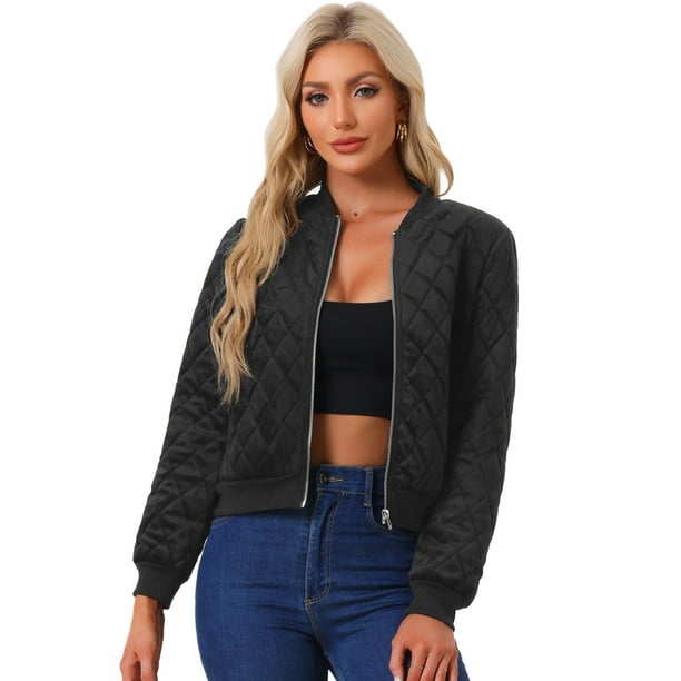Chaqueta bomber acolchada con diamantes y superficie de terciopelo con cremallera para mujer con bolsillos Allegra K Negro S