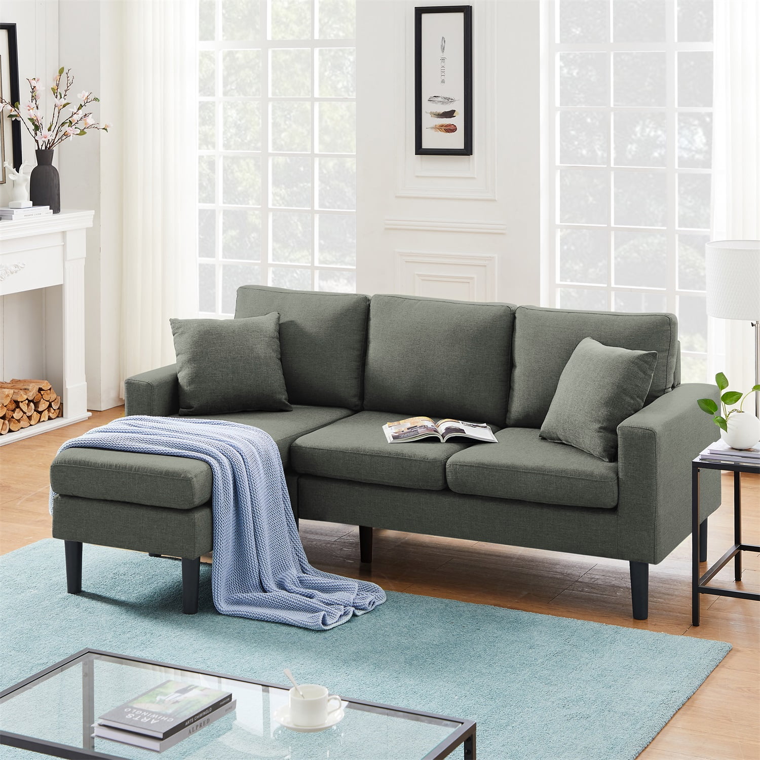 Kadyn 72" Sectional Sofa, L-Shaped Sofa with 2 Pillows, Fabric 3-Seat Sofa for Living Room, Dark Grey