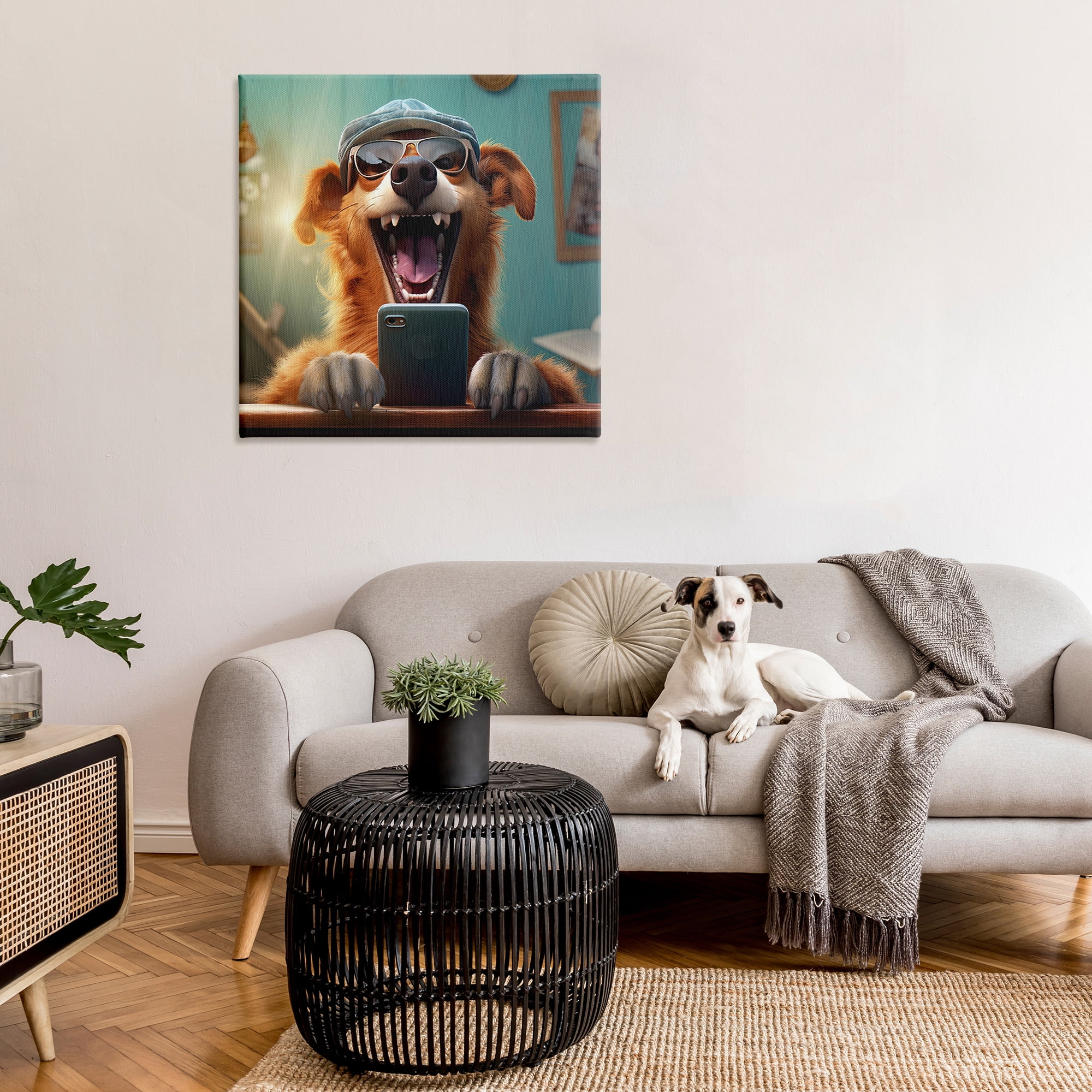 Stupell Industries Happy Dog on Cell Phone Animals & Insects Painting Gallery Wrapped Canvas Art Print Wall Art, 36 x 36