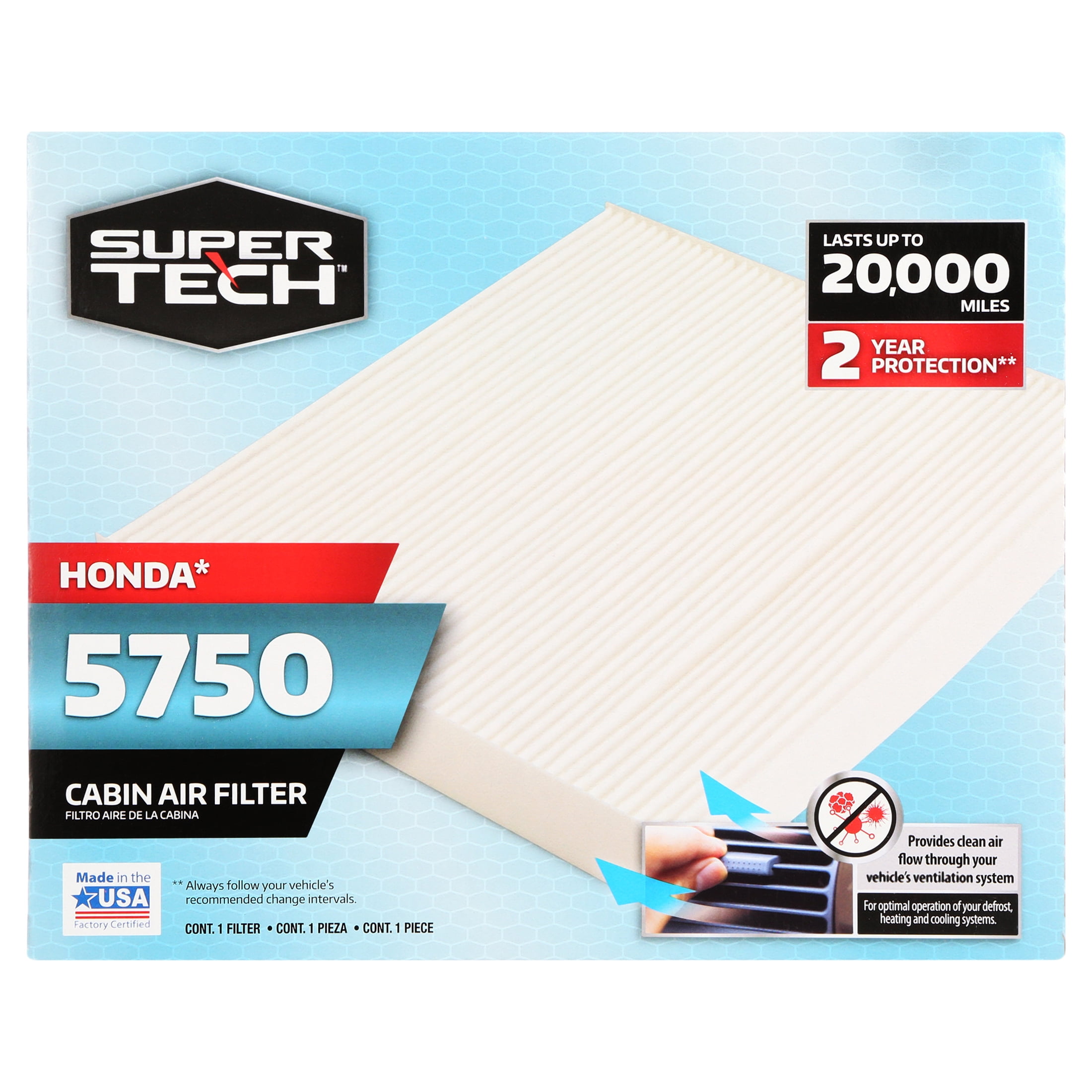 SuperTech Cabin Air Filter 5750, Replacement Cabin Air/Dust Filter for Honda