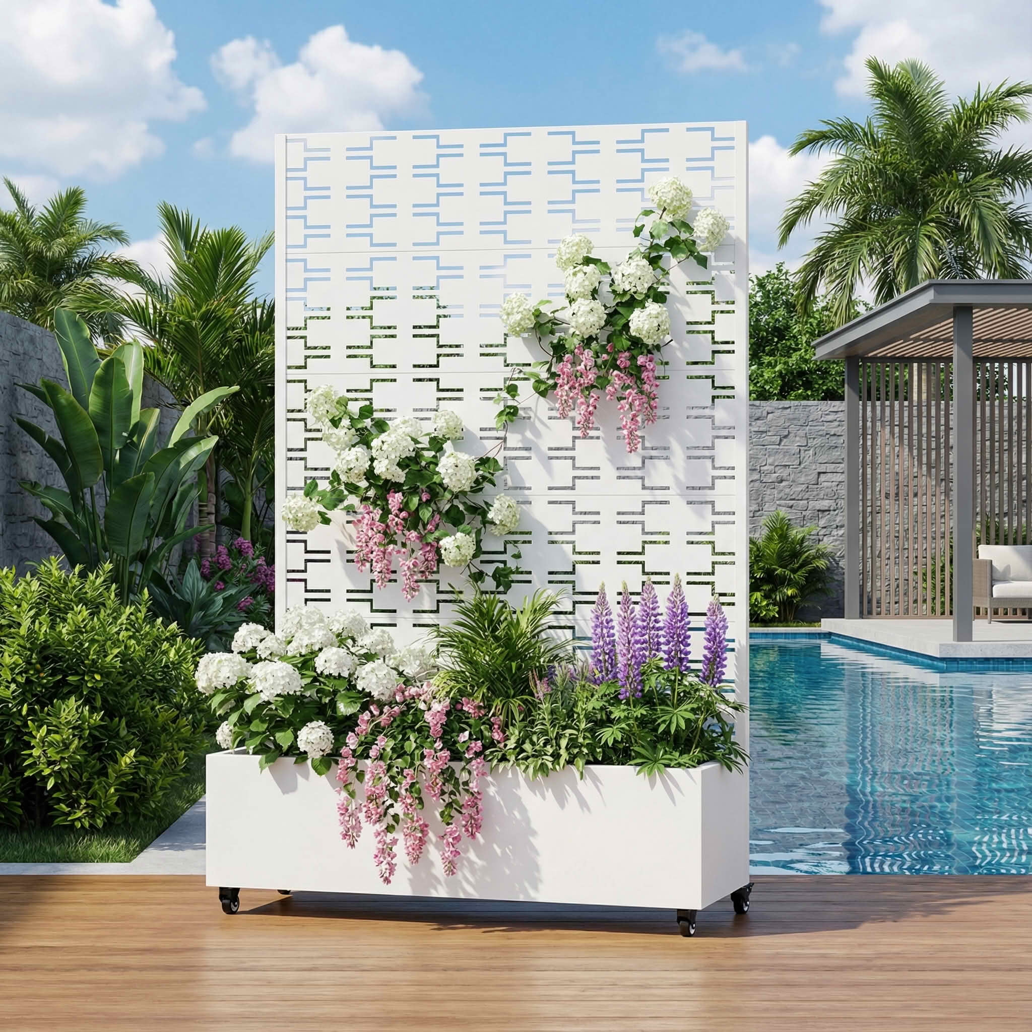 MAYEERTY 72X47" Metal Outdoor White Privacy Screen with Planter Box for Backyard & Garden, 5 Piece Set