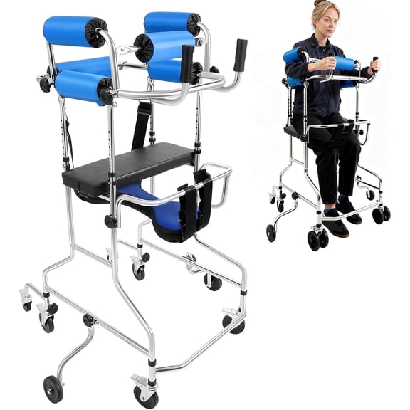 Adult Standing Walker for Seniors, Hemiplegia Rehabilitation Standing Frame, Lower Limb Training Walking Aid with Seat and Wheels, Suitable for People 58-71 in, withstands 220 lbs