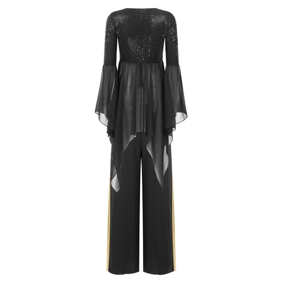 Linjinx Womens Flared Sleeve Shimmery Asymmetrical Praise Dance Tunic with Pants Liturgical Worship Dance Oufits Black M