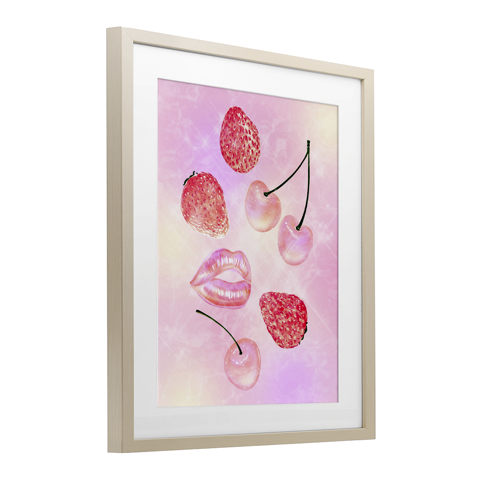 Pink Fruits and Kisses Birch Framed Print Under Glass, design by Ziwei Li