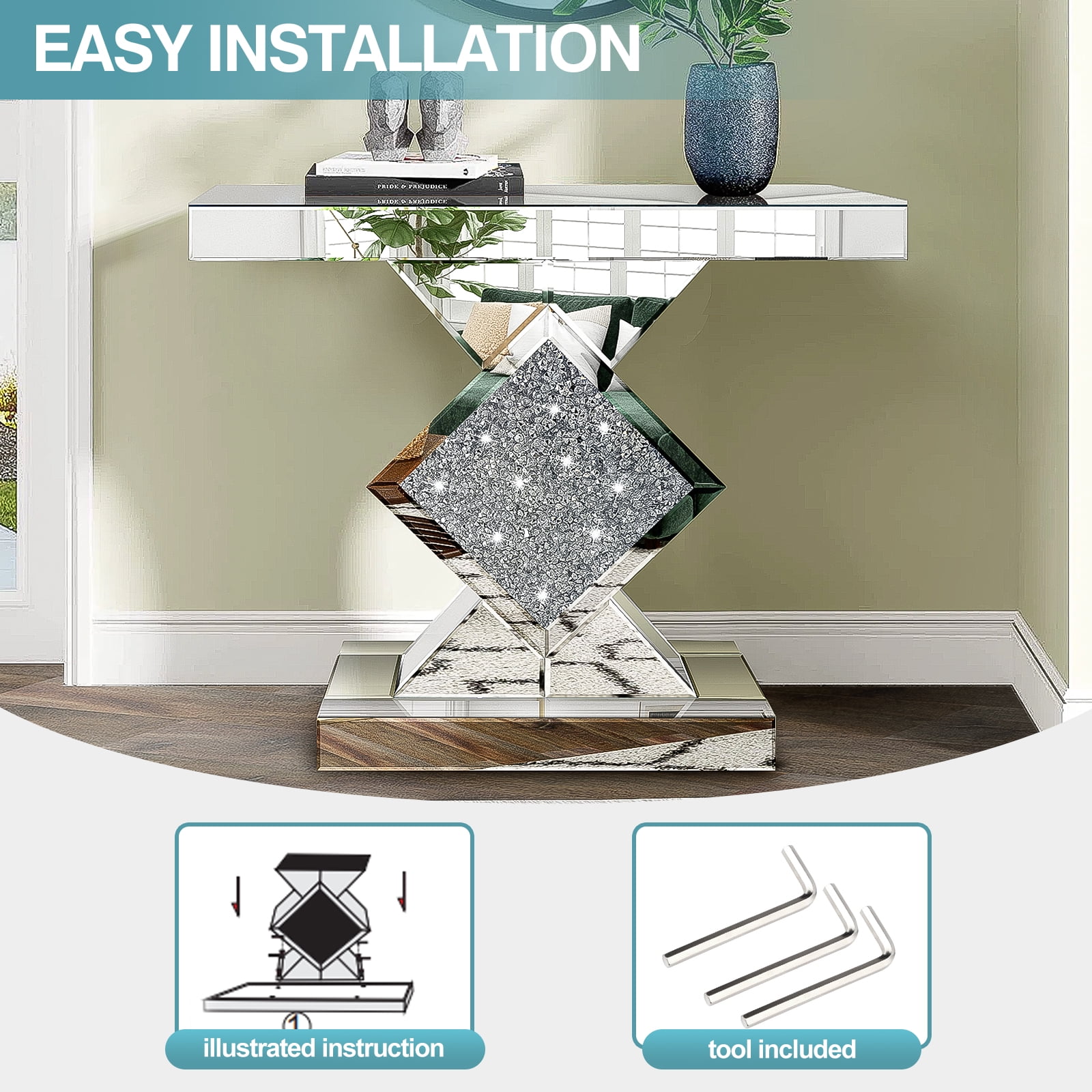 Mirrored Console Table with Crushed Diamond Inlay, 31.5'' Long Silver Accent Narrow Table Entryway Table, Diamond Shaped, for Living Room Hallway Entrance Foyer