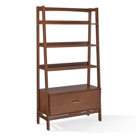 Large Etagere Shelf Unit - Mahogany Bookcase with Drawer - 70" Tall Storage Organizer - Mid-Century Modern Style