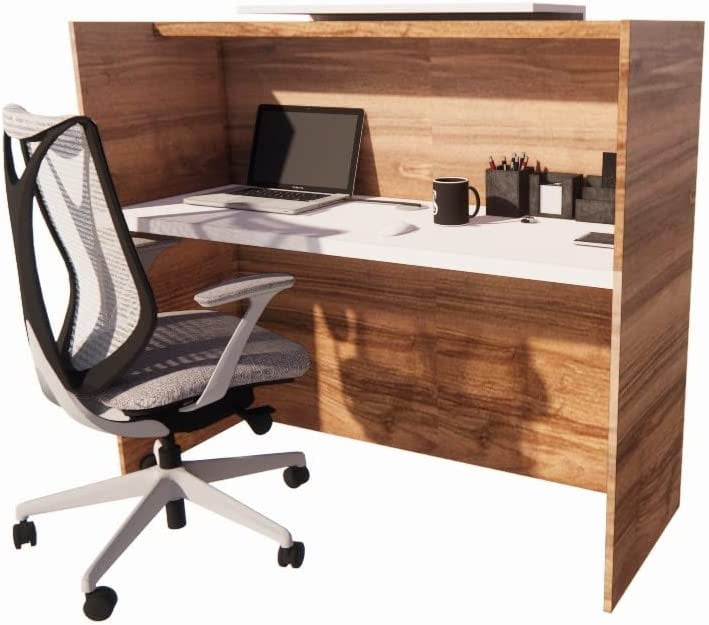 UGOS ICON 55" Modern Reception Desk w Transaction Counter, Laminate Desktop, Front Desk, Multifunctional Standing Table for Home, Office, Salon, Spas, and Lobby (Teak-White))