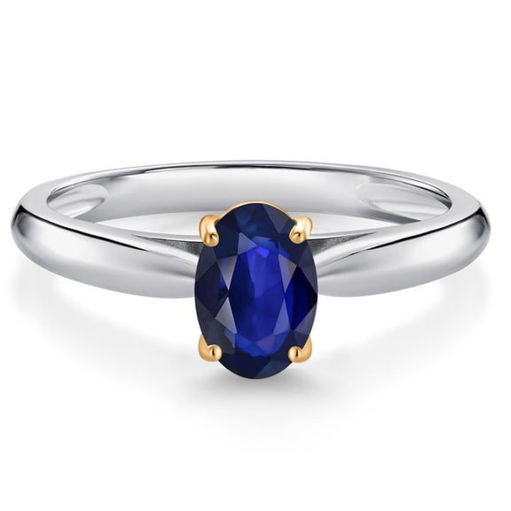 Gem Stone King 10K White and Yellow Gold Blue Sapphire Solitaire Engagement Ring for Women (0.57 Cttw, Oval 7X5MM, Gemstone September Birthstone, Size 7)
