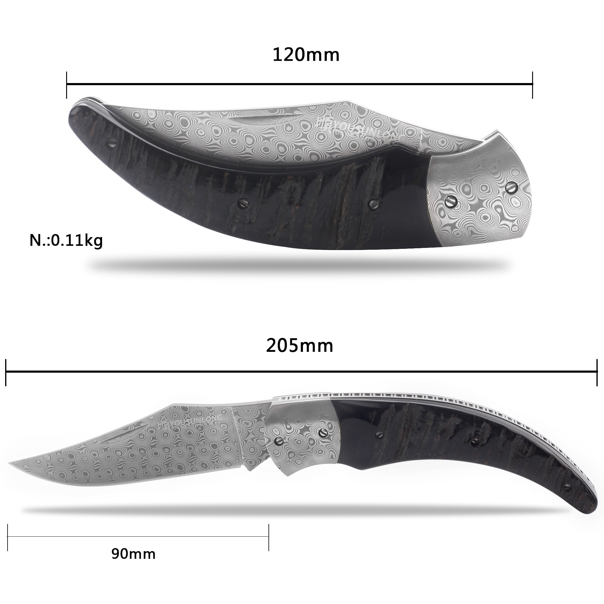 YOUSUNLONG Pocket Knife - Camping Knife Overall 205mm Damascus Steel Black Buffalo Horn Handle