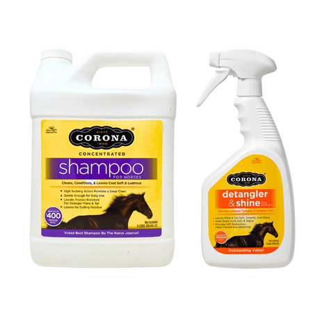Corona Horse Grooming Variety 2 Pack – Complete Coat & Skin Care – Includes Shampoo & Detangler – Cleans, Conditions & Shines