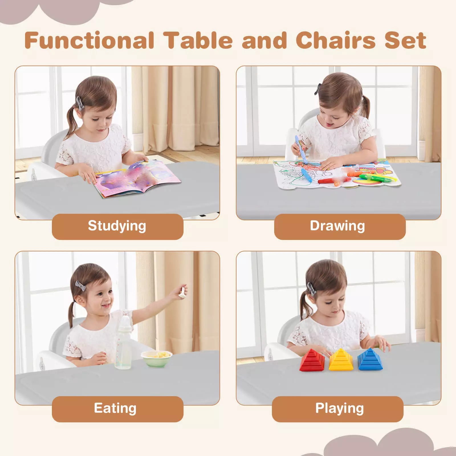 Auranook 3-Piece Kids Table and Chairs Set, Toddler Activity Table with 2 Chairs for Reading, Playing, Storage Rack,Drawing,  Pyramid Building Blocks Set